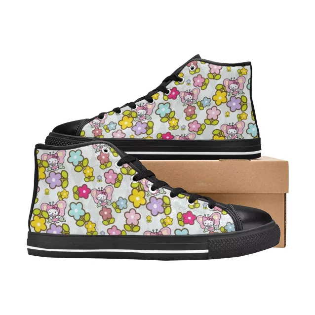 Whimsical shoes for little ones adorned with Hello Kitty and floral details.