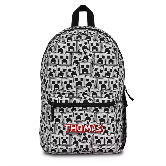 A customizable Minecraft knapsack for kids, displayed from the front with a personalized name patch reading 'Steve'.