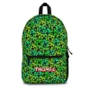 Front view of a personalized Minecraft Creeper backpack, designed like the green pixelated mob with a custom name.