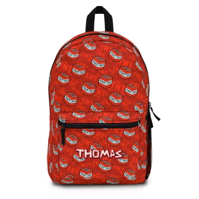 Front view of a personalized Minecraft TNT backpack, designed like the red explosive block with a custom name.