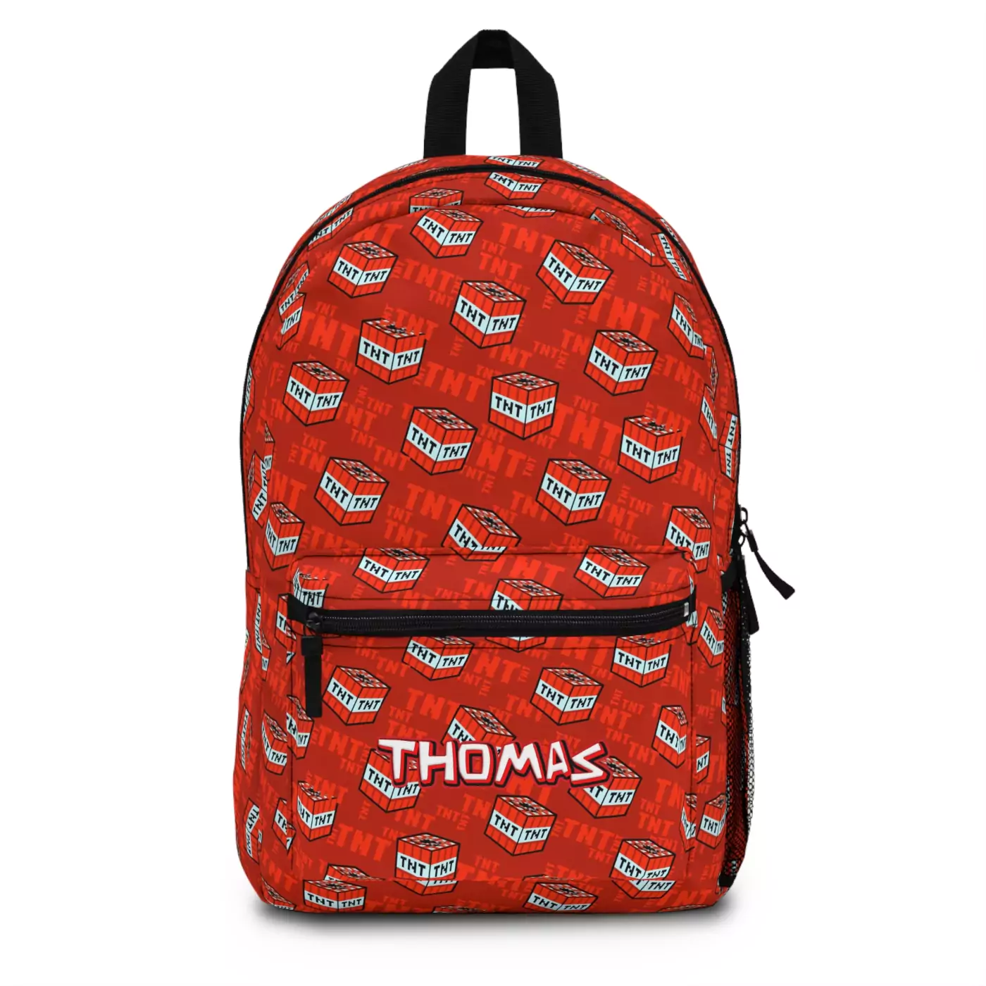 Front view of a personalized Minecraft TNT backpack, designed like the red explosive block with a custom name.
