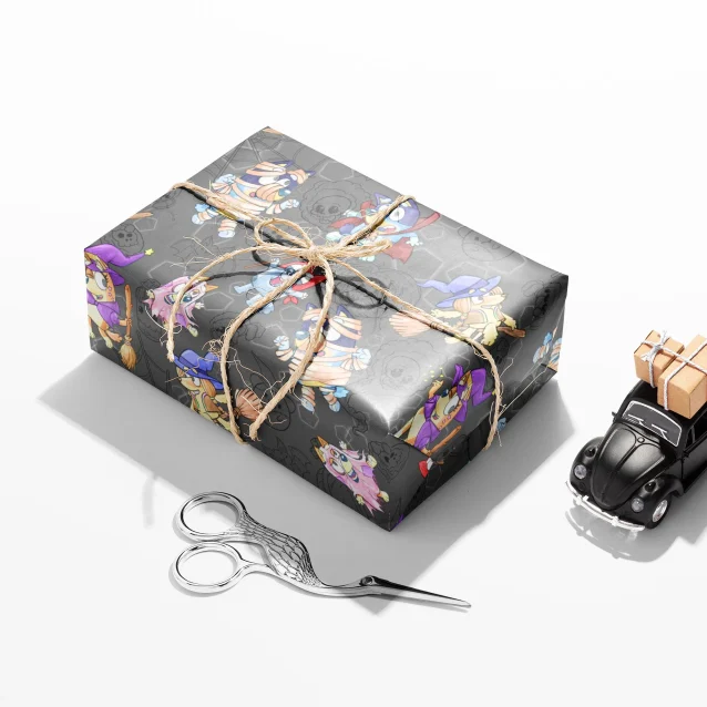 Colorful wrapping paper with Bluey-themed Halloween designs.