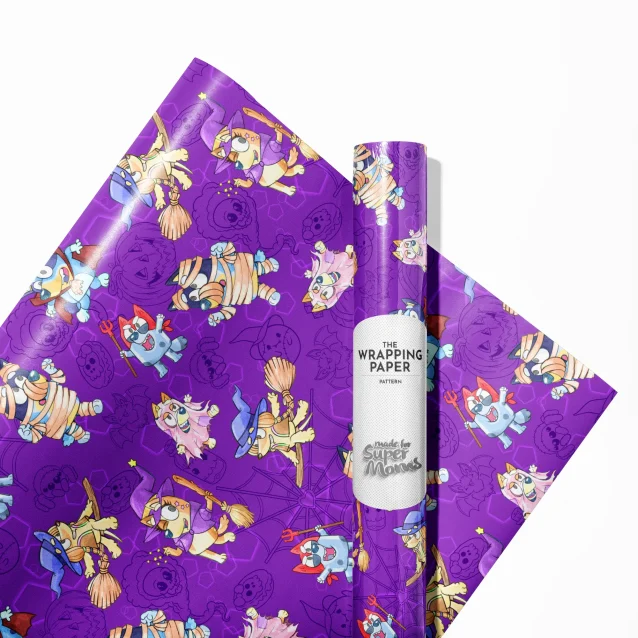 Festive Halloween gift wrap with Bluey and friends in costumes.