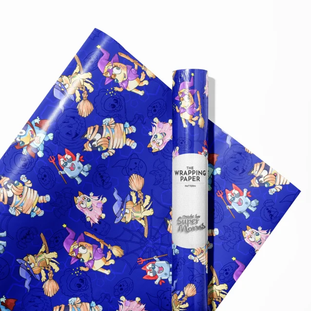 Bluey Halloween wrapping paper with ghosts, pumpkins, and bats.