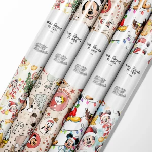 Merry Christmas wrapping paper with Mickey Mouse and Santa Claus.