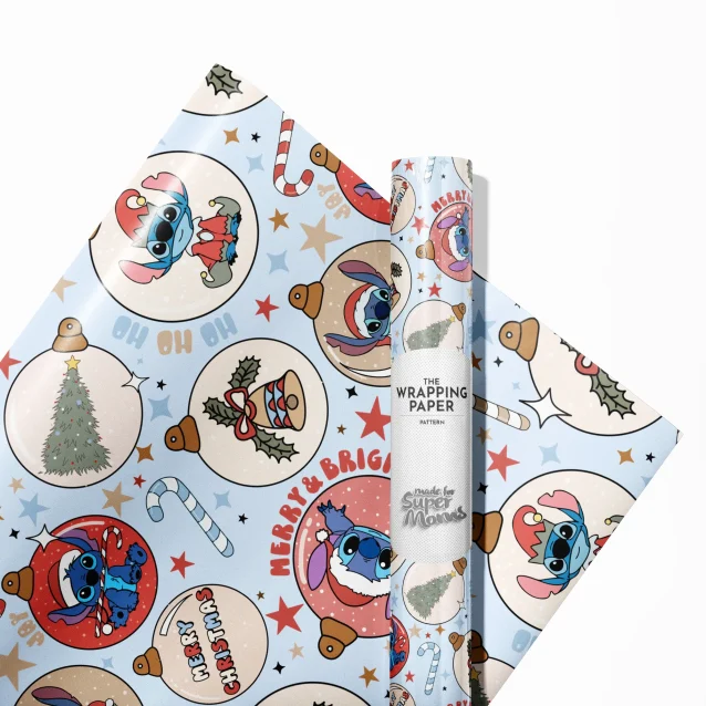 Collection of different Stitch Christmas wrapping paper designs.