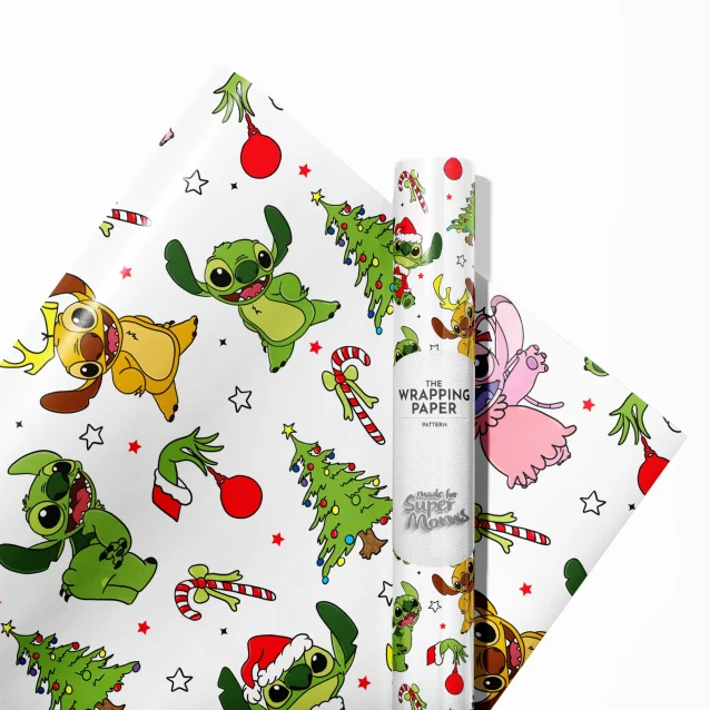 Child excitedly looking at a gift wrapped in Stitch Christmas paper.