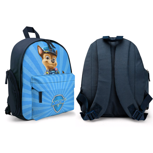 A personalized Paw Patrol Chase backpack for kids, ideal for school or play.