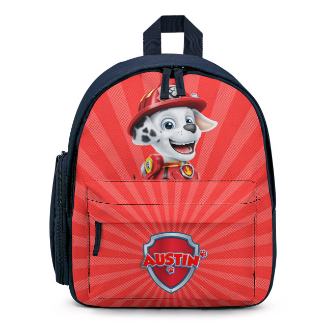 A close-up of the personalized name tag on a Paw Patrol Marshall Mini Backpack.