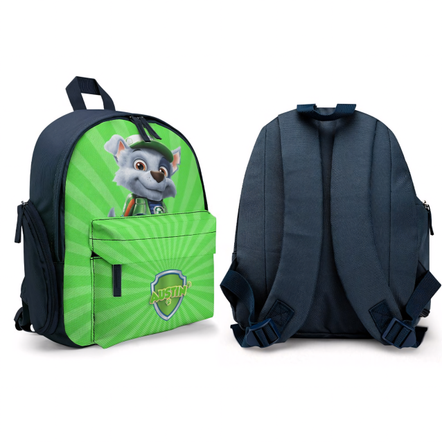 A small, backpack with Rocky the dog from Paw Patrol on the front. It's personalized with a child's name.