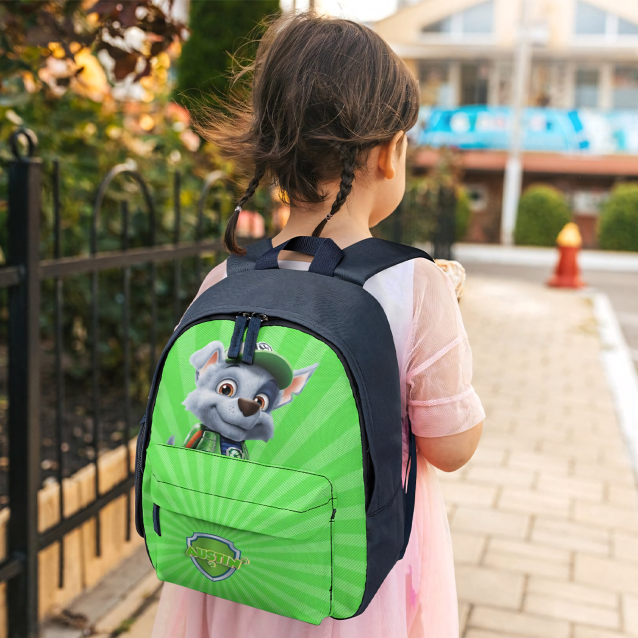 A durable and stylish backpack, personalized with a child's name and featuring Rocky the builder pup.