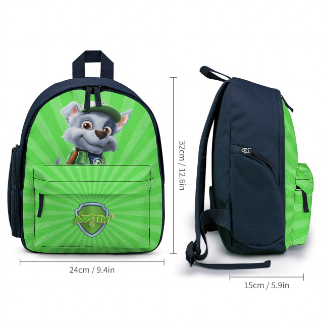 A personalized backpack for kids, featuring Rocky from Paw Patrol. Ideal for school or play.
