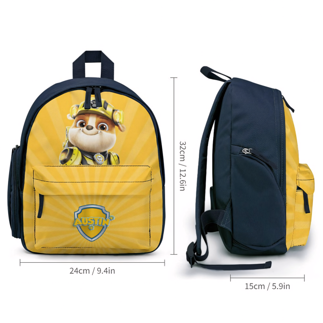A colorful and functional backpack with Skye and Rubble, personalized for a young fan.