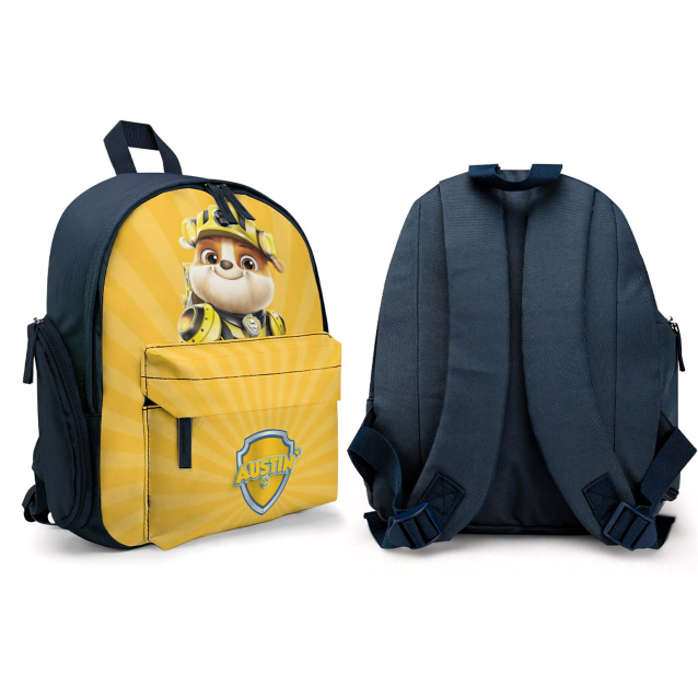 A durable and stylish backpack featuring Skye and Rubble from Paw Patrol, personalized for a special child.