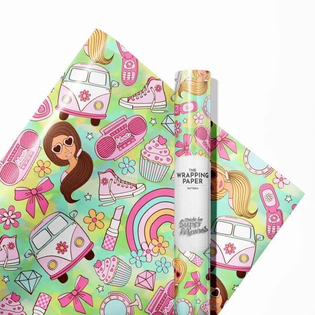 "A beautifully wrapped gift using colorful Barbie wrapping paper with a pink bow."