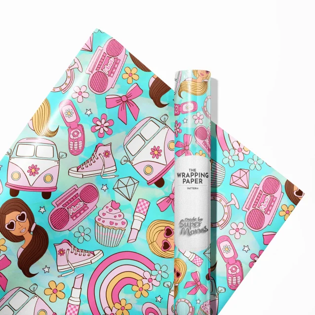 "Barbie wrapping paper roll with a pattern of Barbie logos and silhouettes."