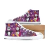 Side profile of dark purple high-top canvas sneakers with Jack Skellington and Zero the ghost dog.