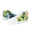Front view of Avengers hero cast high-top sneakers featuring the Incredible Hulk and friends.