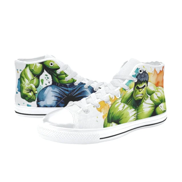 Front view of Avengers hero cast high-top sneakers featuring the Incredible Hulk and friends.