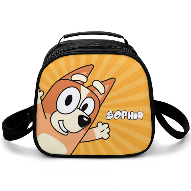 Personalized Bluey lunch bag in the Bingo Close-Up design — Bingo peeking around the front panel on an orange starburst, with the child's name printed beside her.