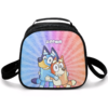 Personalized Bluey lunch bag in the Bluey & Bingo Hug design — the two sisters mid-hug on a rainbow wash, with the child's name printed above them.