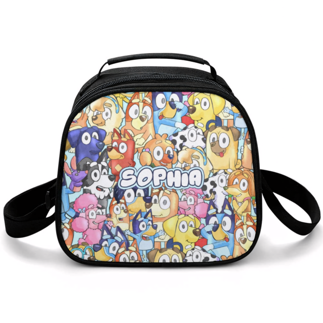 Personalized Bluey lunch bag in the Full Cast design — an all-over print of the whole cast including Bluey, Bingo, Bandit, Chilli, Muffin and Snickers, with the child's name in the middle.