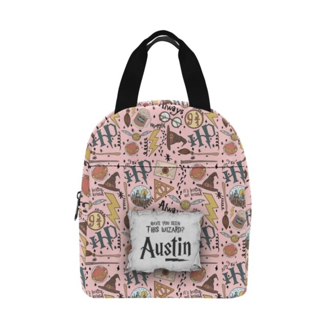 Classic pink zipper thermal canvas Harry Potter lunch box configuration for girls.