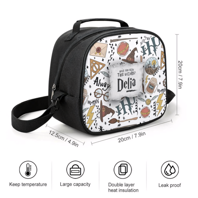 Compact insulated Harry Potter lunch box tote showing heavy-duty side mesh pocket and canvas carry handle.