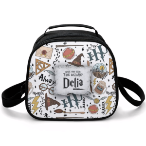 Personalized Harry Potter lunch bag for kids with custom name text and Hogwarts United graphic layout.