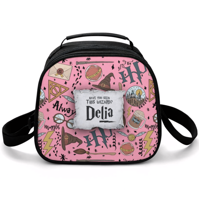 Reusable Harry Potter lunch pail featuring a pastel pink Hogwarts school house crest print edition.