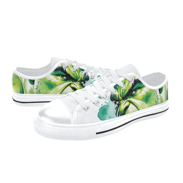 Side profile of colorful Hulk themed low-top shoes for kids, toddlers, and adults.