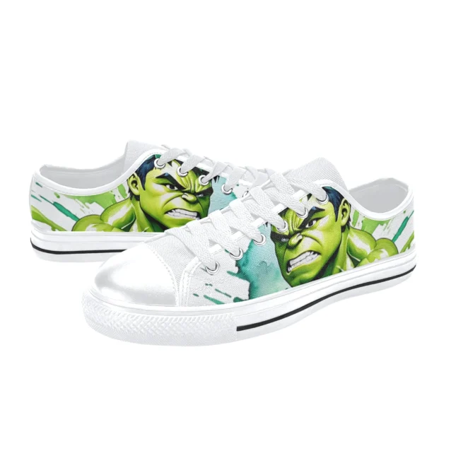 Rear heel view of the green and black Marvel superhero sneakers for kids.