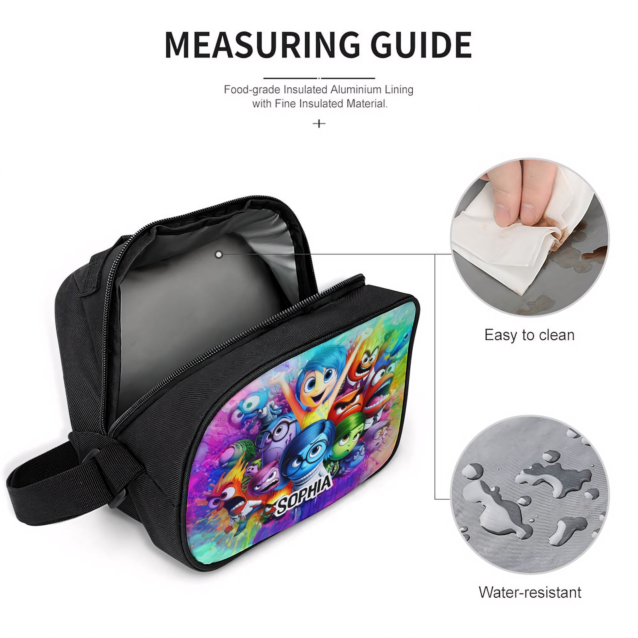 Inside Out lunch bag opened to show the food-safe aluminium foil lining, the wipe-clean interior and the water-resistant polyester shell.