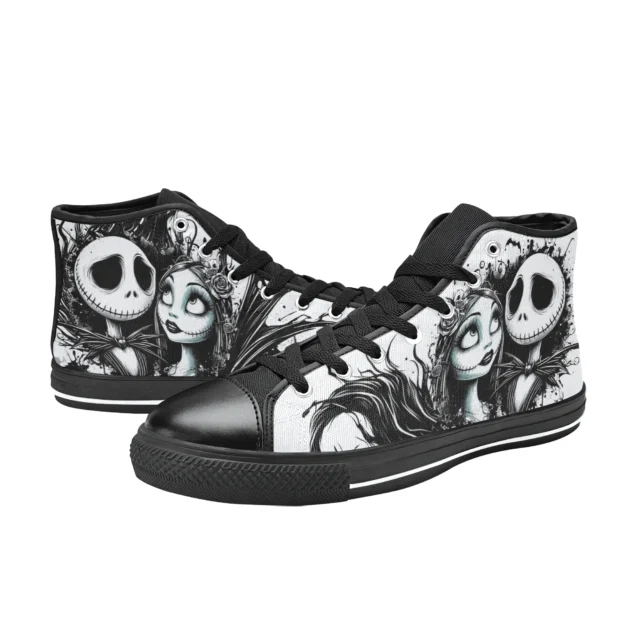 Vibrant neon green and black skater style shoes featuring Oogie Boogie from Halloween Town.
