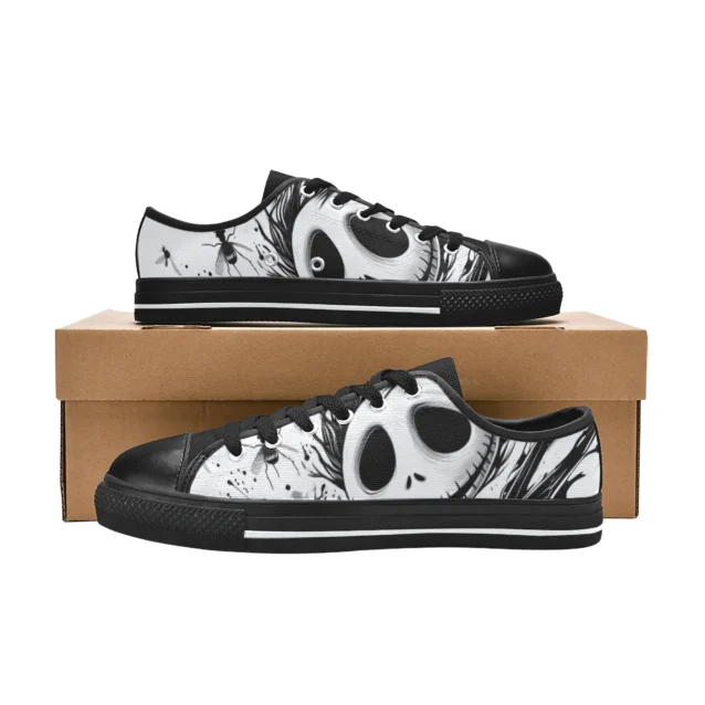 Detailed shot of the secure lace-up front on the retro Jack Skellington sneakers.