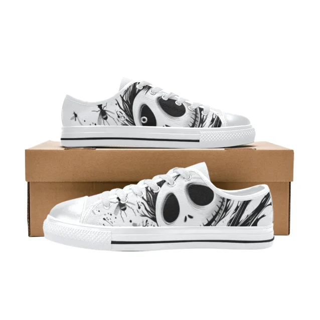 Rear heel view of the black and white Jack Skellington shoes for boys and girls.
