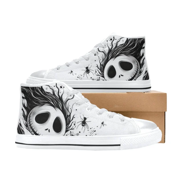 Front view of Jack Skellington canvas sneakers featuring classic black and white pinstripes.