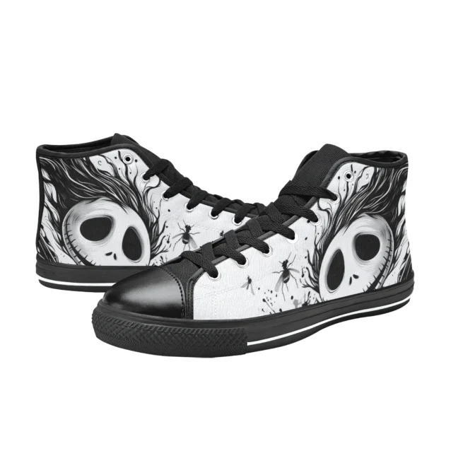 Side angle of Nightmare Before Christmas shoes for adults and kids displaying Jack the Skeleton.