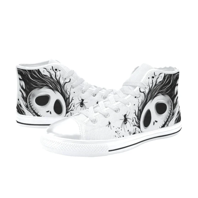 Alternative skater style Jack Skellington shoes with comfortable white rubber soles.