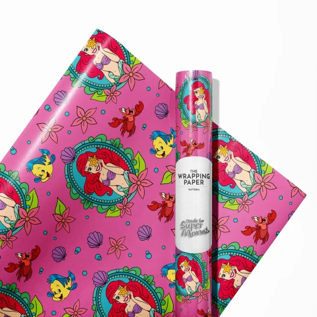 Ariel and Flounder playfully swim amidst a vibrant coral reef on this enchanting Little Mermaid gift wrapping paper.