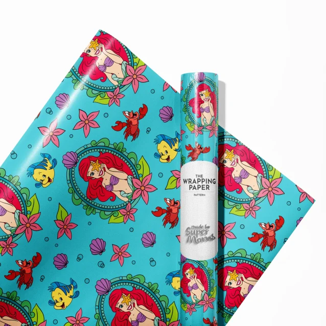 Disney's The Little Mermaid gift wrap showcasing a cheerful Ariel, Sebastian the crab, and Flounder surrounded by blue ocean waves.