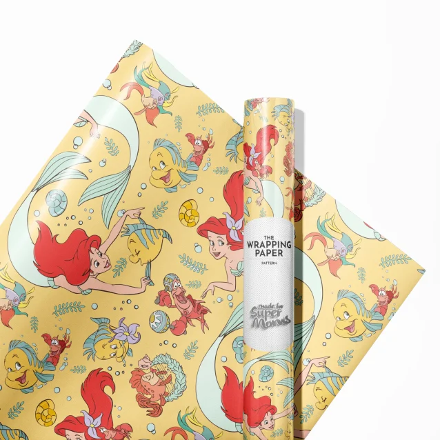 Vibrant Little Mermaid Ariel wrapping paper in a repeating pattern, perfect for a Disney Princess themed birthday.