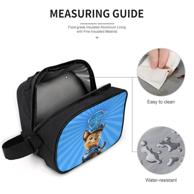 Paw Patrol lunch bag opened to show the food-safe aluminium foil lining, the wipe-clean interior and the water-resistant polyester shell.