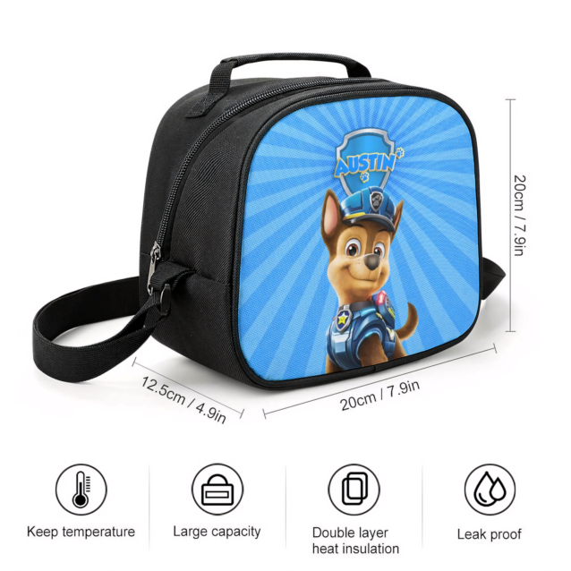 Paw Patrol insulated lunch bag shown from the side with its measurements: 20 x 20 x 12.5 cm (7.9 x 7.9 x 4.9 inches), with the adjustable shoulder strap and top handle.