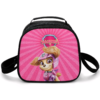 Personalized Paw Patrol lunch bag with the Skye design — the aviator pup in her flight helmet and wings on a pink starburst, with the child's name printed inside the Paw Patrol shield badge.