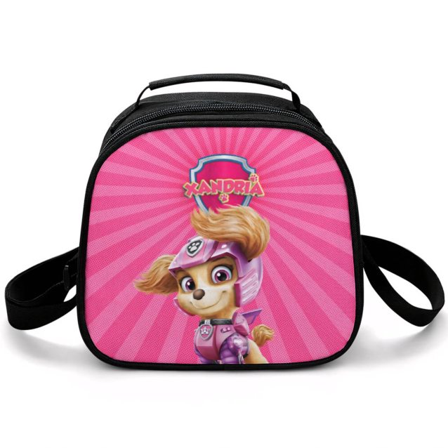 Personalized Paw Patrol lunch bag with the Skye design — the aviator pup in her flight helmet and wings on a pink starburst, with the child's name printed inside the Paw Patrol shield badge.