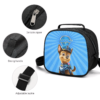 Close-ups of the Paw Patrol lunch bag hardware: the metal zipper pull, the reinforced top handle and the adjustable shoulder-strap buckle.