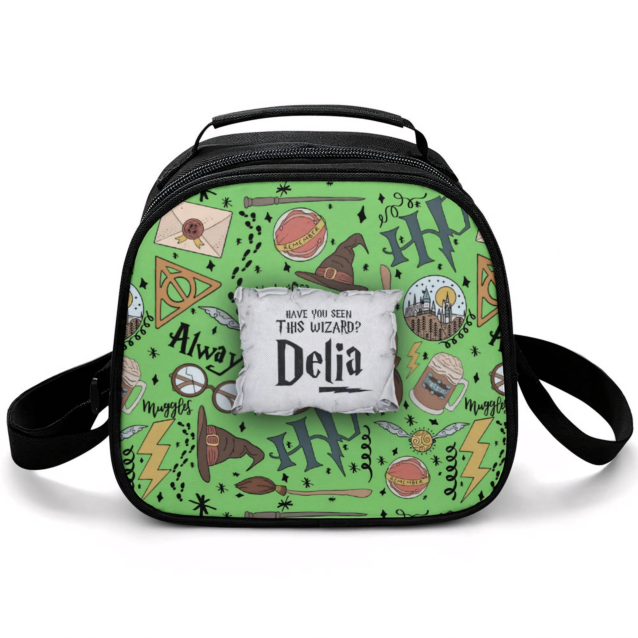 Slytherin green house crest design on a durable insulated Harry Potter canvas cooler lunchbox.