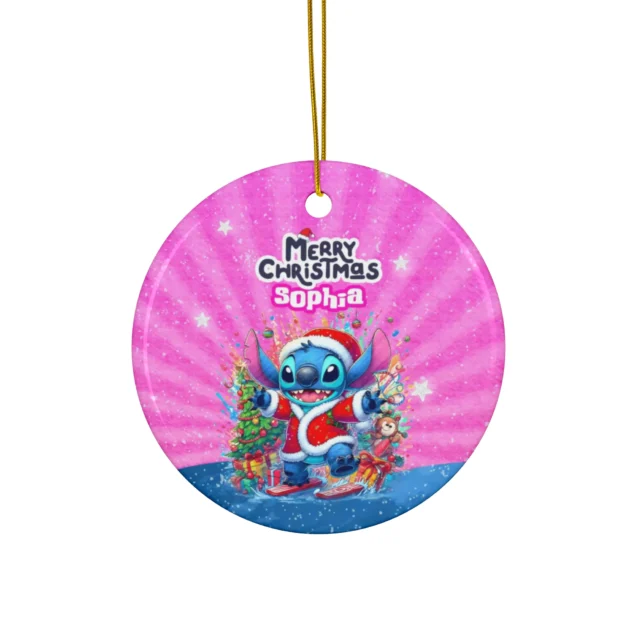 Personalized Stitch Christmas ornament, Christmas Tree (Pink) design — 3.5 inch shatterproof aluminum with ribbon, custom name and year