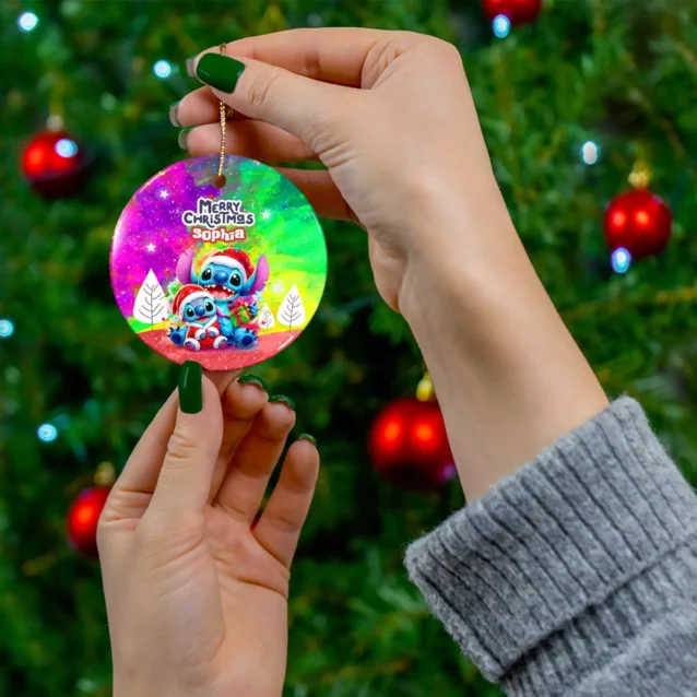 Personalized Stitch Christmas ornament, Cosmic Galaxy (Colorful) design — 3.5 inch shatterproof aluminum with ribbon, custom name and year